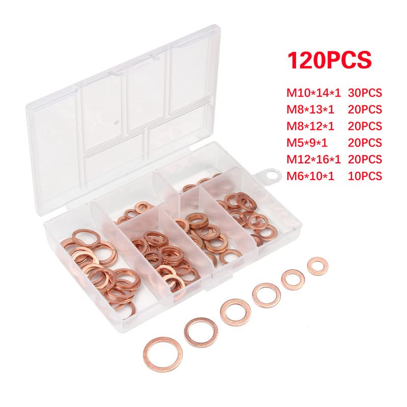 120Pcs M5/M6/M8/M10/M12 Copper Sealing Washer for Boat Crush Washer Flat Seal Ring Fitting Kit