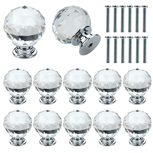 Roellgs Lot de 12 boutons de porte en forme de boule de cristal avec vis, 30 mm, boutons de porte de placard et tiroir à trou unique (transparent)