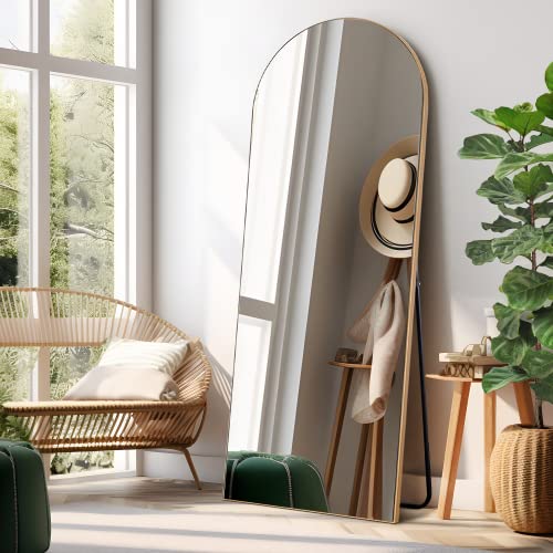 Image of NeuType 65 inchx22 inch Arched Full Length Mirror Large Arched Mirror Floor Mirror with Stand Large Bedroom Mirror Arched Shape Wall Mounted Mirror Hanging or Leaning Against Wall, Wood Frame, Burlywood