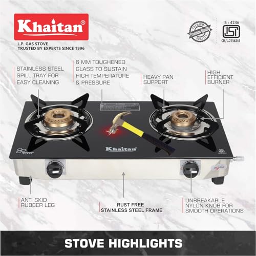Khaitan 2 Burner Nano Black Stainless Steel | LPG Cooktop I Manual Ignition Stove| Ergonomic Knob | with 1 Year Warranty | Pan India Service | LP... - Image 5