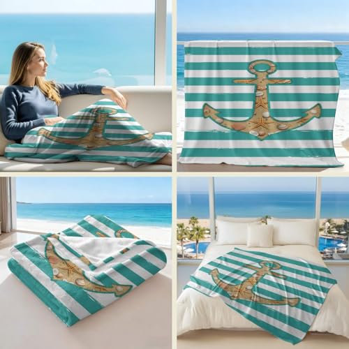 Couverture en flanelle douce et respirante en coton naturel avec imprimé côtier chic 150x200 cm