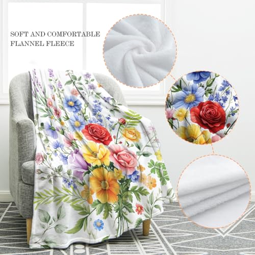 Jekeno Colorful Flowers Floral Blanket Birthday Christmas for Women Kids Girls Mom Wife Bedroom Spring Red Blue Yellow Flowers Green Leaves Decor Mother's Day Throw Blanket 50"x60"