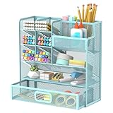 SUPEASY Stifthalter mit Schublade, Schreibtisch Organizer und Zubehör für Büro Organisation, Metall Mesh (Blau)
