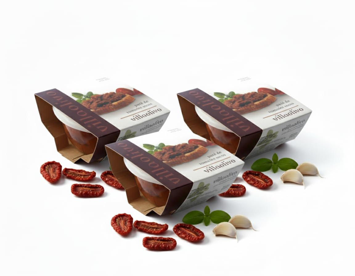 Villaolivo - Pack 3x125g Paté Gourmet de Tomates Secos | Tapenade 100% Natural | Vegano, Sin Conservantes ni Aditivos