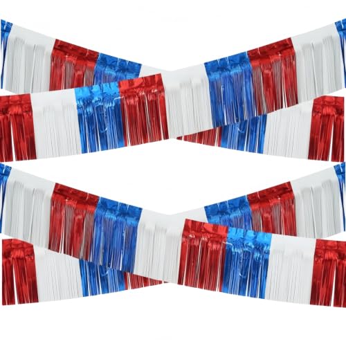 Image of 4 Packs 10 Feet Long Foil Fringe 4th of July Garland Memorial Day USA Red White Blue Independence Day Tinsel Metallic Patriotic Wall Hanging Banner for Car Parade Floats Garden Decorations