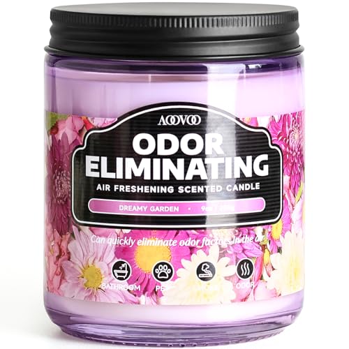 Image of AOOVOO Dreamy Garden Odor Eliminating Highly Fragranced Candle - Eliminates 95% of Pet, Smoke, Food, and Other Smells Quickly, Non Toxic Air Freshing Soy Candle, Up to 50 Hours Burn time