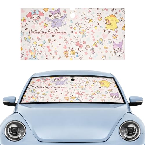 Hello Kitty & Friends Windshield Sun Shade for Car Cute Trimmable Universal Fit Sunshade Kuromi Cinnamoroll Pompompurin My Melody Accordion Design Compact Vertical Fold UV Blocker Heat Shield