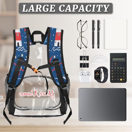 Personalized Large Clear Backpack Stadium Approved Heavy Duty PVC Plastic Custom Nautical Coastal Transparent Backpacks See Through Bag with Name, Ocean Beach Lighthouse3