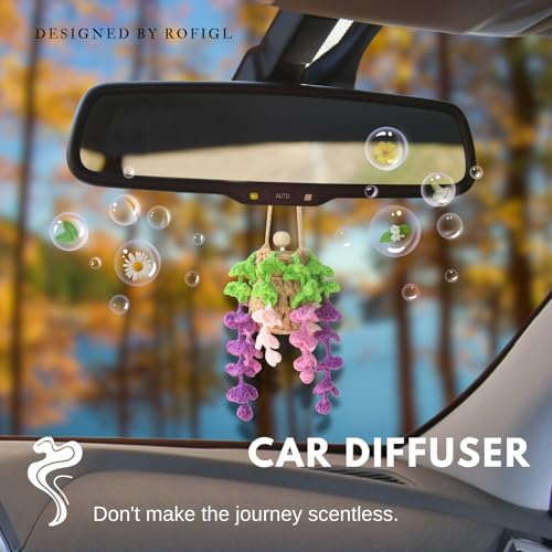 Image of ROFIGL Handmade Crochet Hanging Car Air Freshener - Botanical Wisteria Blossom Design with 12ml Refillable Glass Essential Oil Bottle, Long-Lasting Car Diffuser & Nature-Inspired Decor