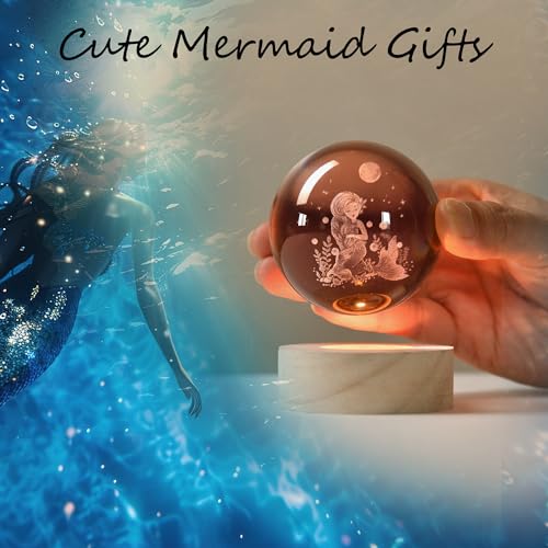 IFOLAINA Mermaid Crystal Ball with Lighted Base - Laser Engraved Glass Night Light, Decorative Globe, 3D Crystal Plant Sphere - Birthday Gifts for Her
