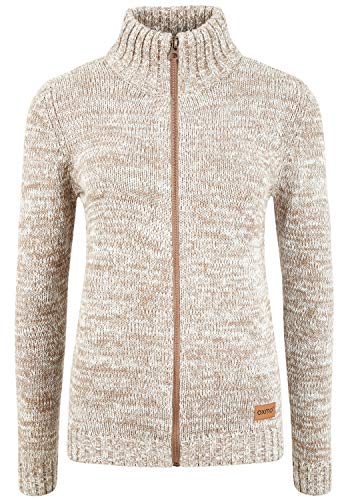 OXMO OXPhenix Damen Strickjacke Grobstrick Cardigan Strickcardigan mit Stehkragen Reißverschluss 100% Baumwolle Regular fit, Größe:L, Farbe:Dune (795409)