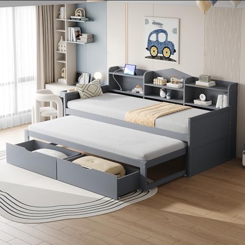 EINHOM Schlafsofa 90 x 200 cm, Kinderbett mit Aufbewahrungsfächern, Ausziehbett mit Zwei Schubladen, integrierte USB-Anschlüsse im Bett, für Jugendliche & Gästebett, Grau (Ohne Matratze)