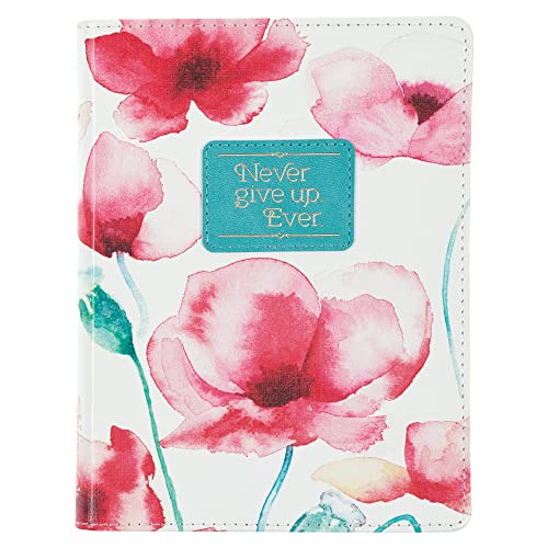 Heartfelt Inspirational Compact Journal Notebook for Women Never Give Up Coral Poppies, 240 Lined Pages, Faux Leather, 7.2