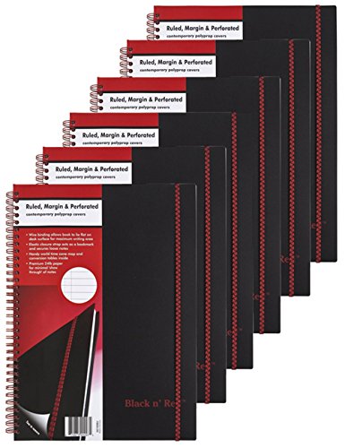 CASE OF 6 Black n' Red Twin Wirebound Notebook, Poly Cover, 11.75 x 8.25 Inches, Black, 70 sheets (E67008)