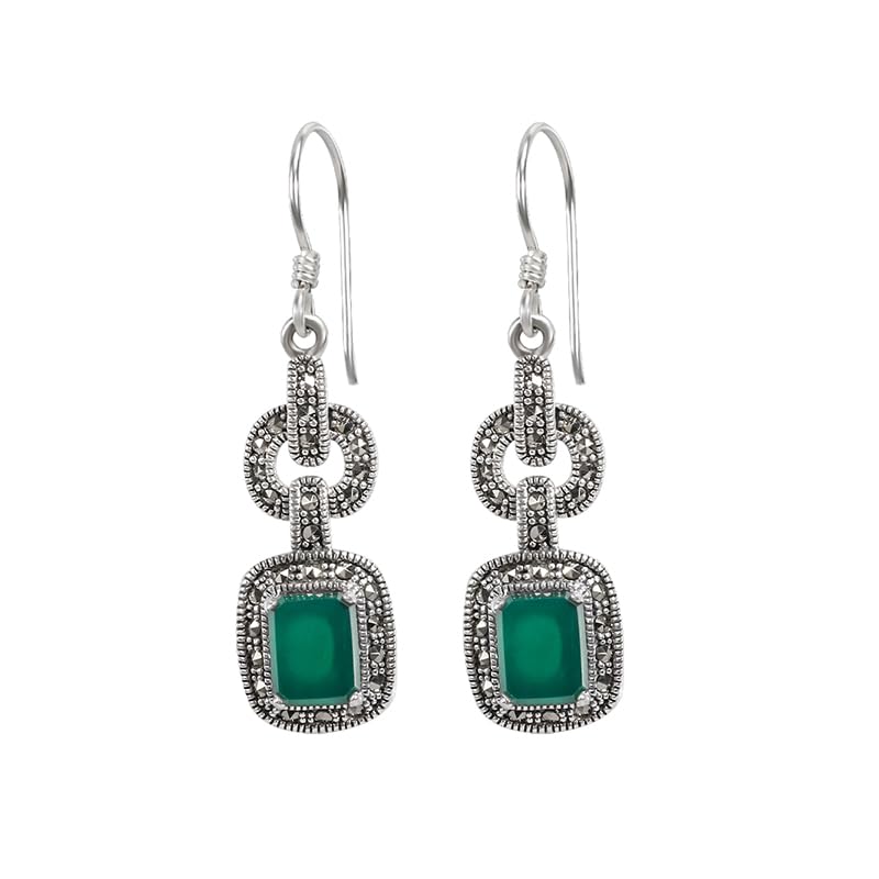 Pendientes colgantes de calcedonia de marcasita de plata tailandesa vintage, colgantes de ley 925 para mujer