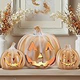 Beeveer 3 Pcs Large Halloween Light up Pumpkin Fall Home Decorations Plastic Terracotta Pumpkins 5''- 9'' Jack O' Lantern Outdoor Indoor Battery Operated Lighted Pumpkin with Spooky Face