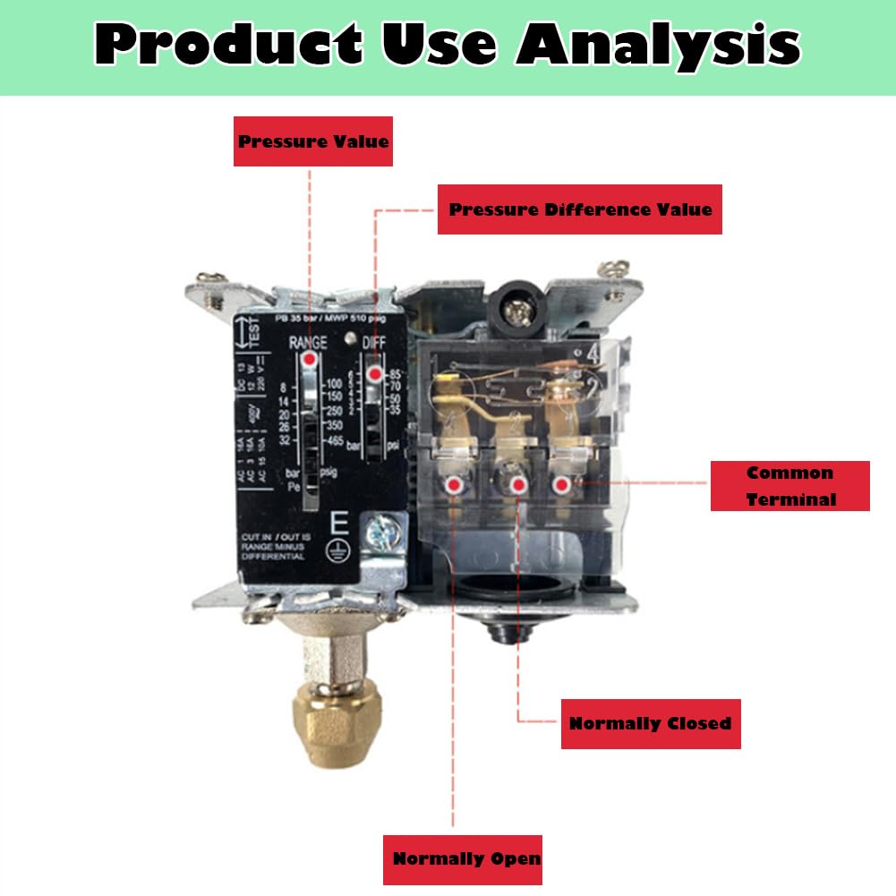 LF55 Air Compressor Pressure Switch, Adjustable Differential Pneumatic Pressure Gauge, High and Low Pressure Controller, SPDT Switch, ABS Material, Suitable for Air Liquid Non-Corrosive Media。