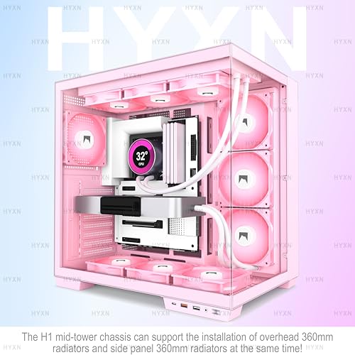 Image of H1 HYXN ATX PC Case - Pre-Installed with 7 PWM ARGB Fans - Dual Cavity Mid-Tower PC Gaming Case - with Type-C - Can Hold up to 3X 360mm Radiator Support simultaneously (Pink, H1)