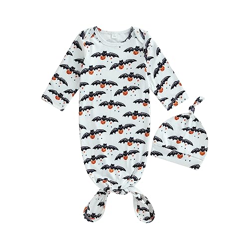 Amiblvowa Newborn Girl Boy Halloween Sleeper Long Sleeve Knotted Pumpkin Sleeping Gown Hat Outfit Pajamas Clothes