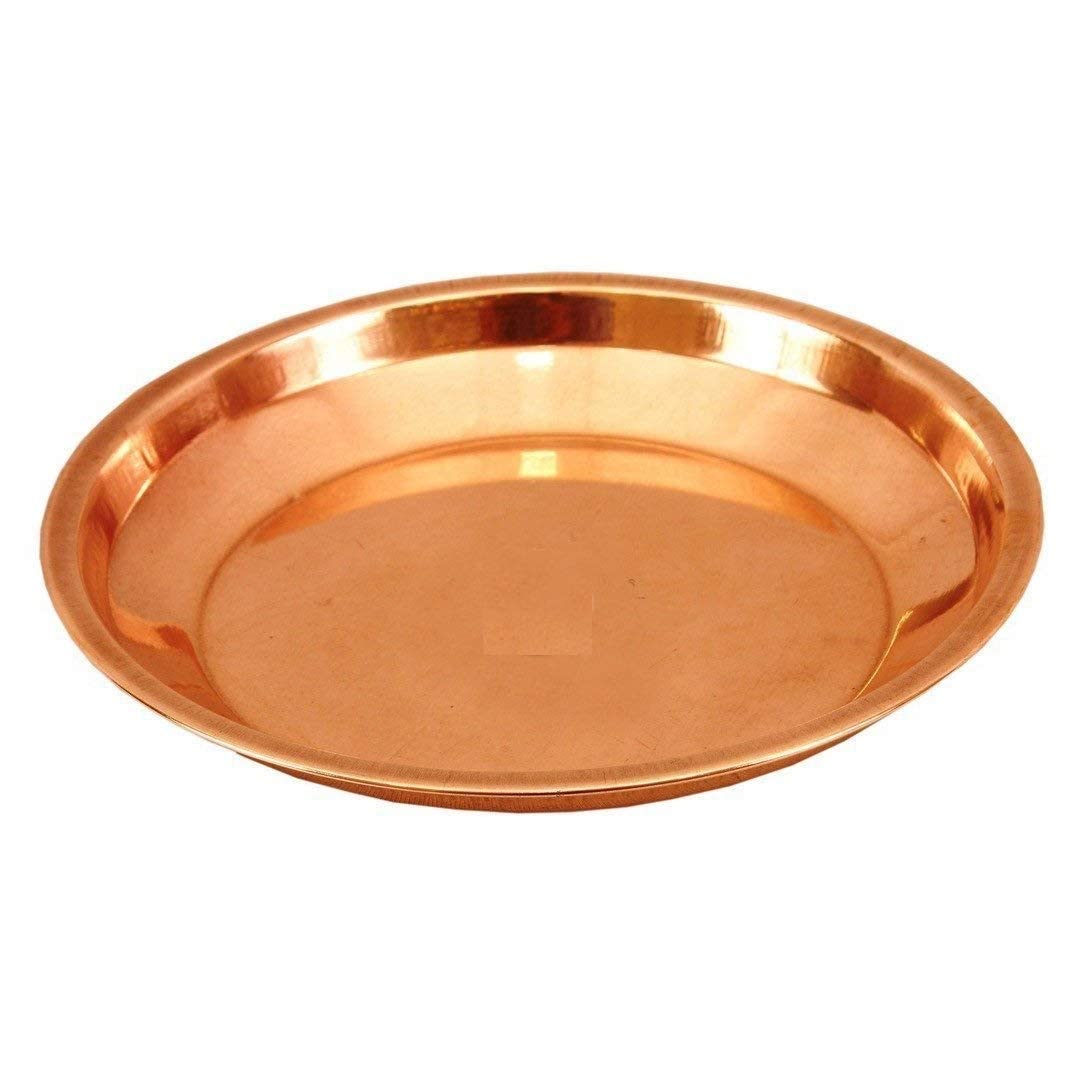 Aashita Creations - Plato de cobre Pooja Thali | 1 pieza | Marrón | Thali/Tarbhan para Dios Puja - Artículo de regalo espiritual (6 pulgadas de diámetro)