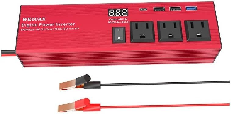 HearGrow 600W Car Power Inverter: Sine Wave 12 Volt to 110V Car Charger Modified Converter 4 USB Ports + 3 AC Outlet for Car Appliances Outdoor Camping Emergency Backup