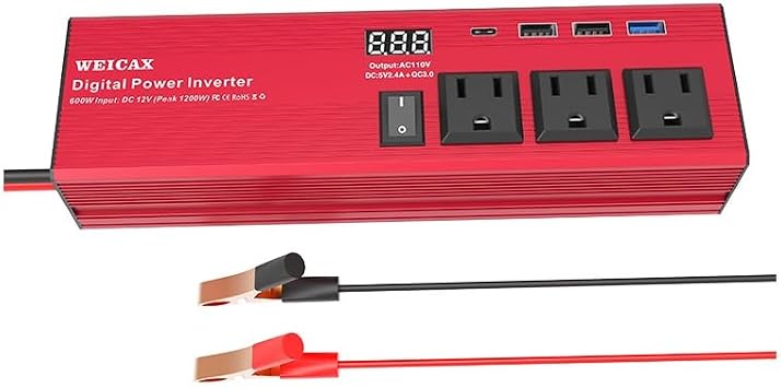 HearGrow 600W Car Power Inverter Sine Wave 12 Volt to 110V Car Charger Modified Converter 4 USB Ports + 3 AC Outlet for Car Appliances Outdoor Camping Emergency Backup