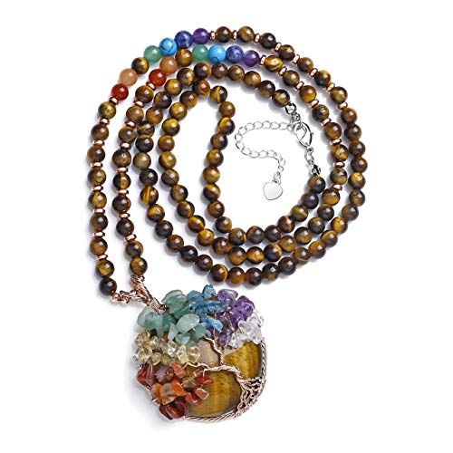 Jovivi 7 Chakra Healing Crystals Necklace 6mm Natural Tiger Eye