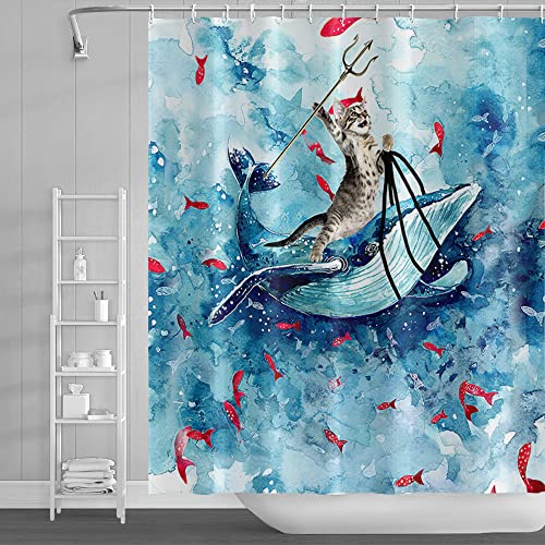 SDOTPMT 90x183cm Drôle Chat Rideau de Douche - Mignon Chat Baleine Océan Vague Dessin Animé Rouge Poisson Bleu pour Baignoire - Tissu Étanche pour Salle de...