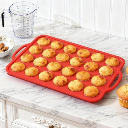 Foepoge Mini Muffins Backform Silikon mit Metallrahmen für 24 Muffins, Antihaft Mini Muffinform Silikon 24er, BPA-Freie Muffinblech Muffinformen für Cupcakes, Pudding, Brownies, Rot