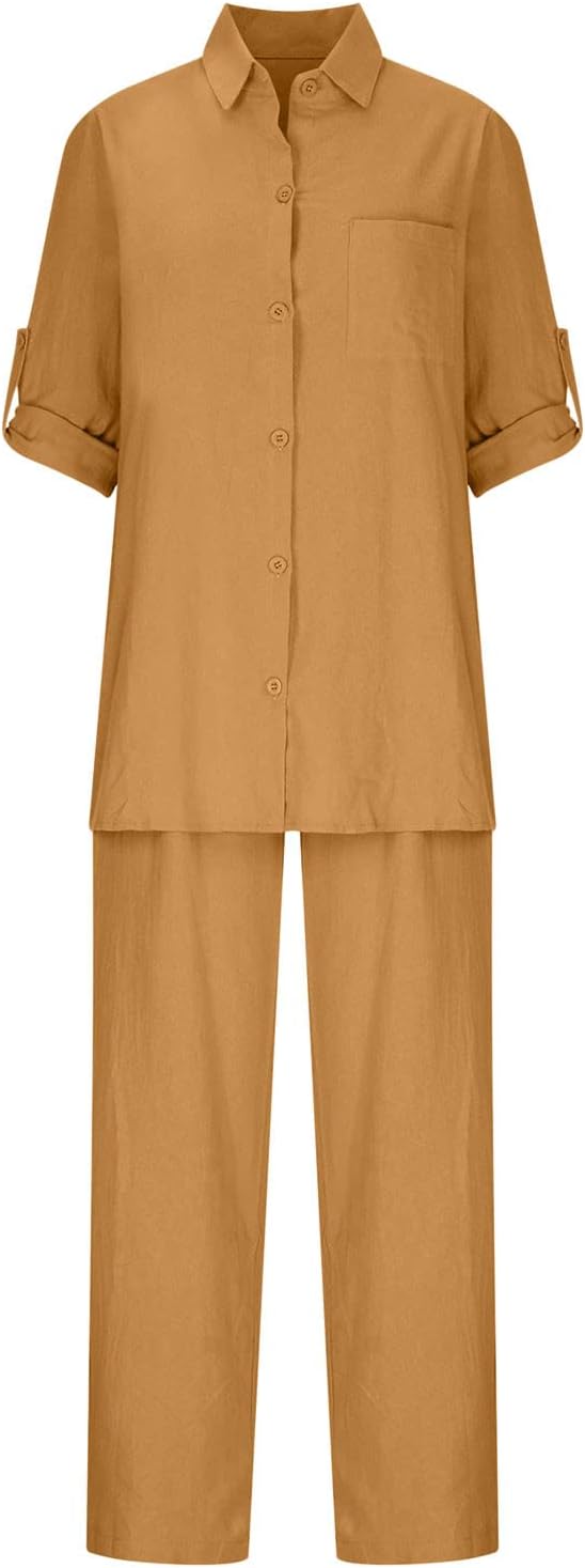 Women's 2 Piece Cotton Linen Outfits 2023 Summer Solid Button Shirts and Pants Sets Loose Dressy Business Work Suits