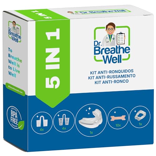 Dr. Breathe Well – Kit Antironquidos Completo | Férula Antironquidos + 10 Tiras Nasales + 8 Dilatadores Nasales (4 Suaves + 4 Firmes) + Clip Nasal Antironquidos