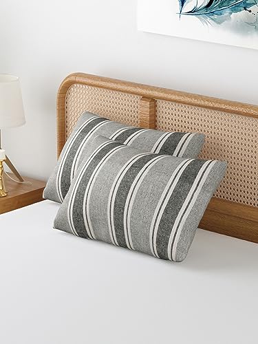Image of 180 TC Pillow Cover Set of 2 | Pillow Cover Cotton 100% | Pillow Cover Set of 2 King Size | Wrinkle Free & Fade Resistance | Striped Pattern | Standard Size | All Season Use (Grey1)
