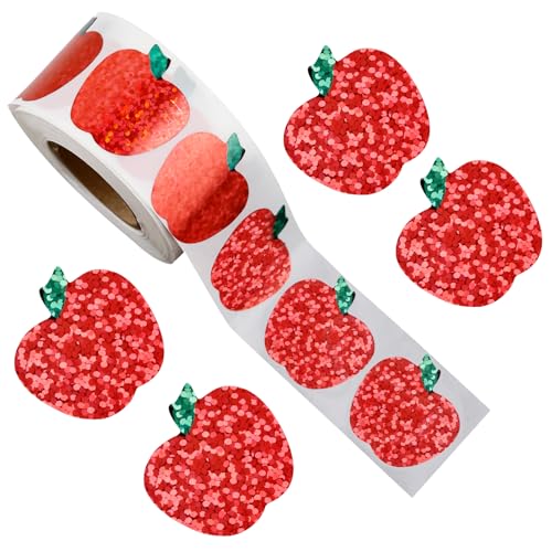 500Pcs Sparkly Laser Apple Decals for Teacher Rewards 1 roll Back to School Apple Stickers Roll for First Day of School Party Supplies Envelope Scrapbook Decor (Red)