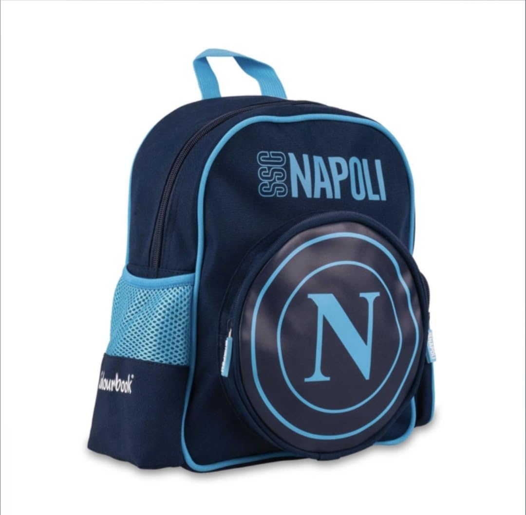 Colourbook - Zaino Asilo SSC Napoli, Spallacci Regolabili, Puller in Silicone, Dimensioni 25x17x10, Licenza Ufficiale, Tasca per Bottiglia, Azzurro