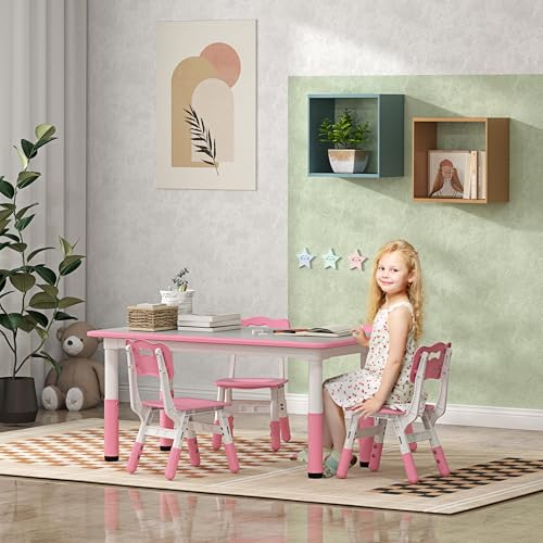 Qaba-Kids-Table-and-Chair-Set-5-Piece-Toddler-Table-and-Chair-Set-with-4-Chairs-Adjustable-Height-for-Snack-Time-Homeschooling-Aged-15-5-Years-Old-Pink Qaba Kids Table and Chair Set 5 Piece Toddler Table and Chair Set with 4 Chairs Adjustable Height for Snack Time Homeschooling Aged 15 5 Years Old Pink