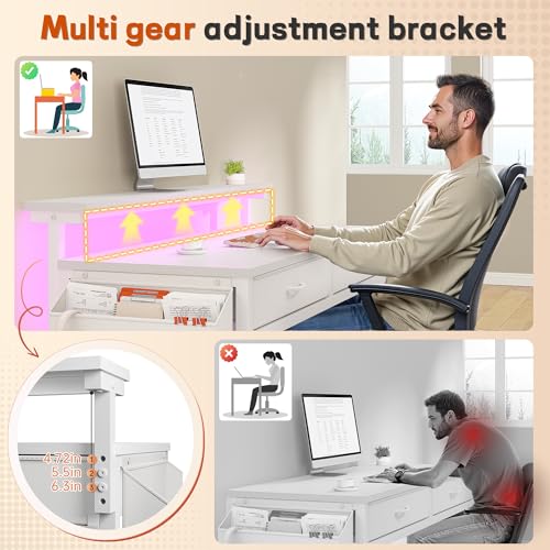 Image of DurayLoly Computer Desk with 2 Drawers & LED Lights,39.4 Inch Home Office Desks with Side Pocket and Monitor Stand,Study Writing Table for Small Spaces,White