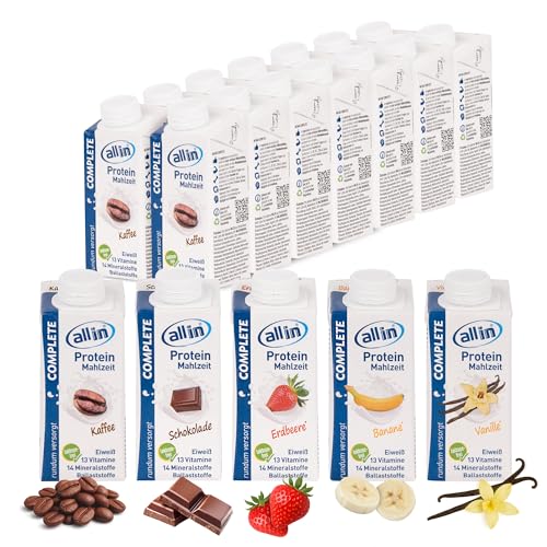 all in® COMPLETE Protein Drink Sorten Vanille, Kaffee, Schokolade, Erdebeere, Banane 14 x 200 ml - Hochkalorische Trinknahrung auf Milch-Basis | Protein Shake Mahlzeit zur schnellen Gewichtzunahme