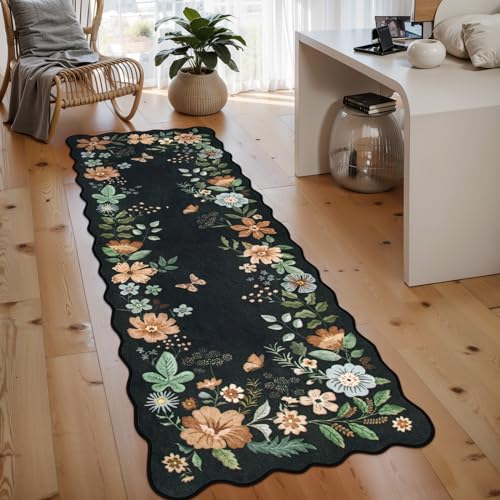 Lahome Floral Kitchen Runner, 2X6 Washable Runner Rug Non Slip Ultra-Thin, Soft Hallway Rug Stain Resistant Boho Small Low-Pile Carpet for Laundry Bathroom Bedroom(2x6ft,Black/Grey)