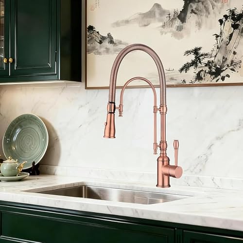 Image of Copper Kitchen Faucet, Single Handle, 360 Swivel High Arc Kitchen Sink Faucet, Red Copper Kitchen Faucet Pull Down Solid Brass Handle