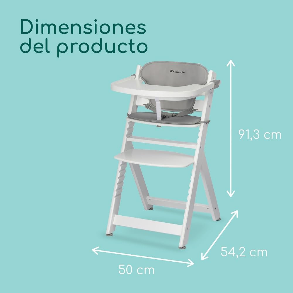 Bebeconfort Timba + Cojín, Trona de Bebé Evolutiva, 6 Meses-99 Años, hasta 110 kg, Bandeja Extraíble, Asiento/Reposapiés Regulables, Arnés Seguridad, Compatible con Timba Baby, White + Grey Mist