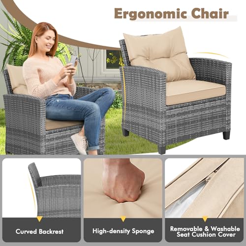 Image of Tangkula 3 Pieces Wicker Patio Furniture Set, Outdoor Rattan Conversation Cushioned Chair Set with Tempered Glass Side Table, for Porch, Balcony and Garden