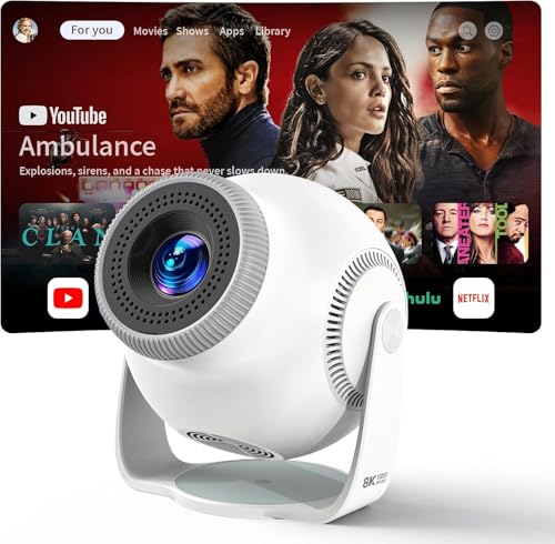 Mini Beamer, Projektor, Mini Projector 1080P Full HD, 480 ANSI Lumen, Android 14 System, 8K Dekodierung, WiFi 6 Bluetooth 5.4, Automatische Trapezkorrektur, 180° Drehbar, Beamer 4K Heimkino