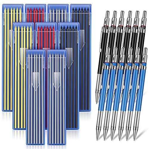 Image of Nezyo 12 Pieces Welder Pencil with 108 Pieces Round Refills Mechanical Metal Pencil Marker with Built in Sharpener Pen for Construction Workers, Metal Work, Plumbers, Framers