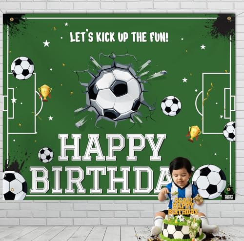 Image of Party Propz Football Theme Birthday Decoration Backdrop (5x4 ft) 2 Pcs- Soccer Theme Happy Birthday Backdrop Banner Cloth with Ribbon, HBD Decoration for Boys