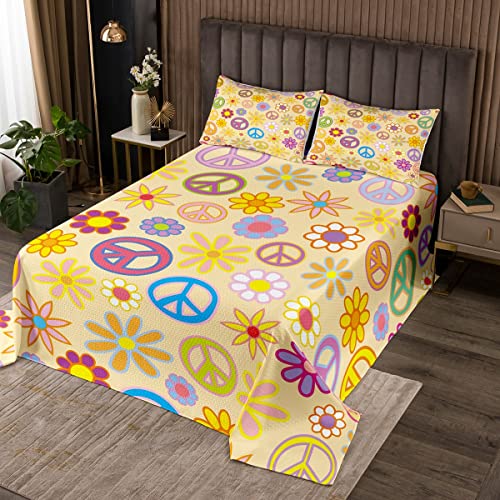 Boho Vintage Flower Bedspread 70s Retro Psychedelic Groovy Floral Bedspread Boys Girls Kids Bohemian Hippie Aesthetic Abstract Minimalist Bed Cover Peace Sign Pattern Quilted Coverlet Twin Size