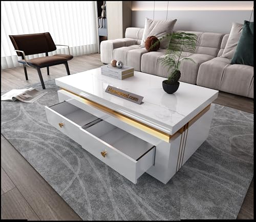 Image of Premium Marble-Top Wooden Center Table for Living Room | Coffee Table | Contemporary Design Craftsmanship (White with Drawer -42x24x17 Inch)