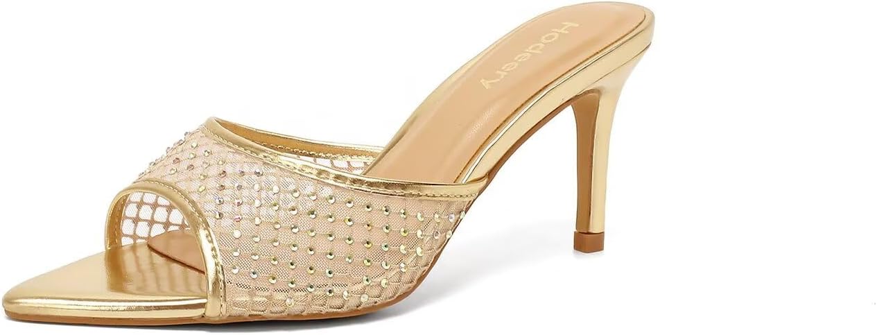 Women's Mesh Rhinestone Mule Heeled Sandals Slip On Pointed Open Toe 3 Inch Stiletto Dressy Party Casual Shoes