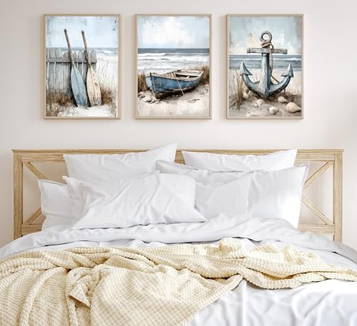 3Pcs Nautical Beach Wall Art Sailboat Paddle and Anchor Paintings Pictures Wall Decor Nautical Coastal Posters Prints Artwork for Living Room Bedroom Home Office Corridor Home Decroation Unframed - Image 4