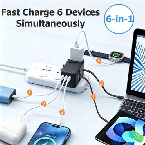 Image of JMFONE 70W GaN Universal Travel Adapter, Retractable USB-C Cable + 4 USB-Port + 2500W AC Outlet, International Power Adapter with US EU UK AUS Plugs for 200+ Countries, Fast Charging Laptops Phones
