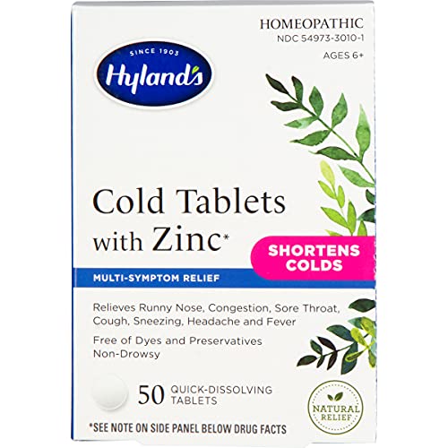 Hyland's Cold Medicine with Zinc, Decongestant and Sore Throat Relief, Homeopathic for Adults, 50 Count